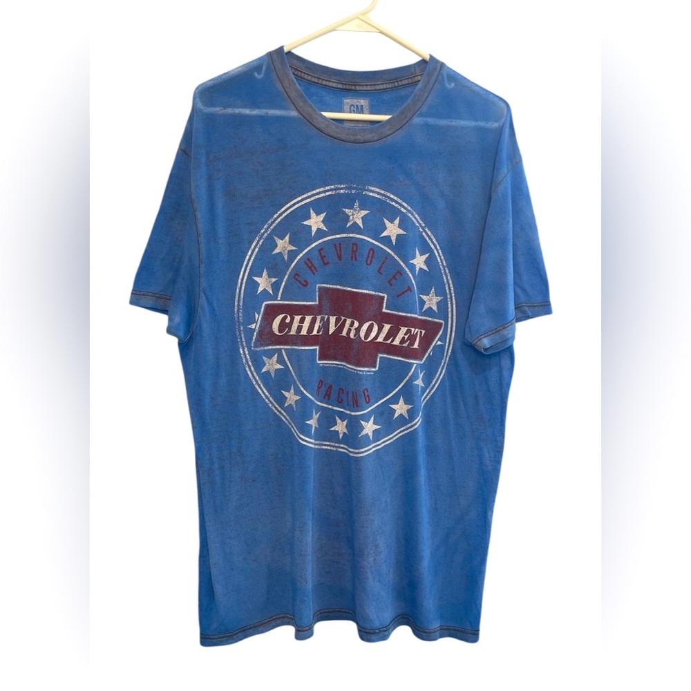 GM Chevrolet Racing Heather Blue Graphic Red Logo Stars Mens T-Shirt Size Large